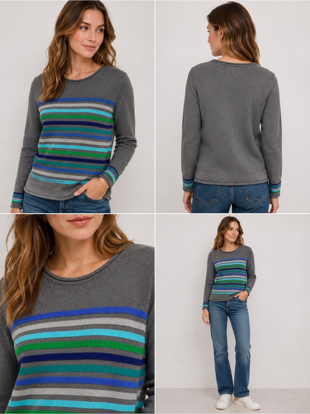Izod Gray Crewneck Sweater with Blue & Green Stripes